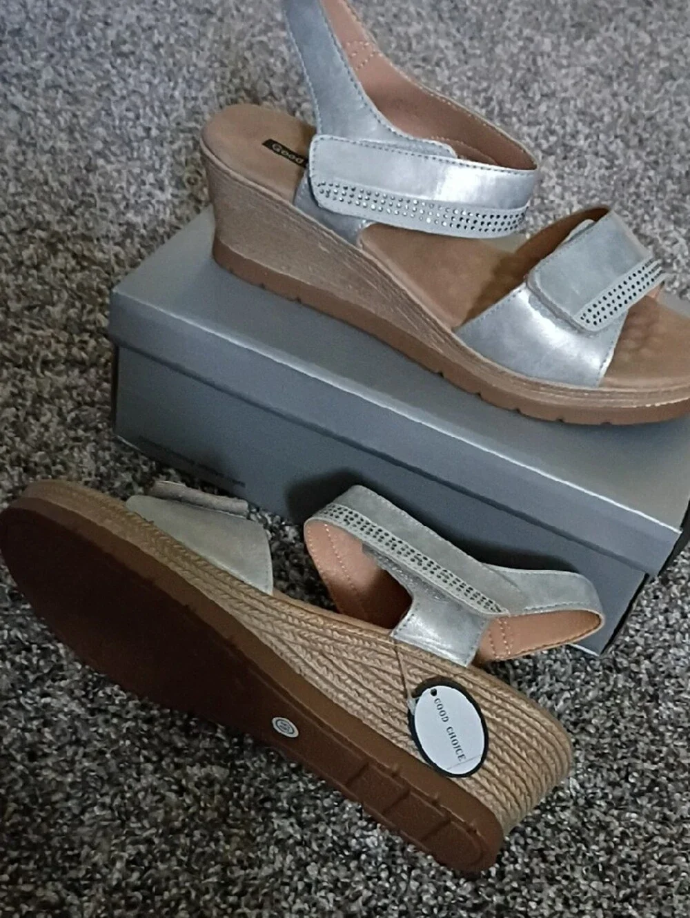 Good Choice Metallic Silver Wedge Sandals with Tan Platform